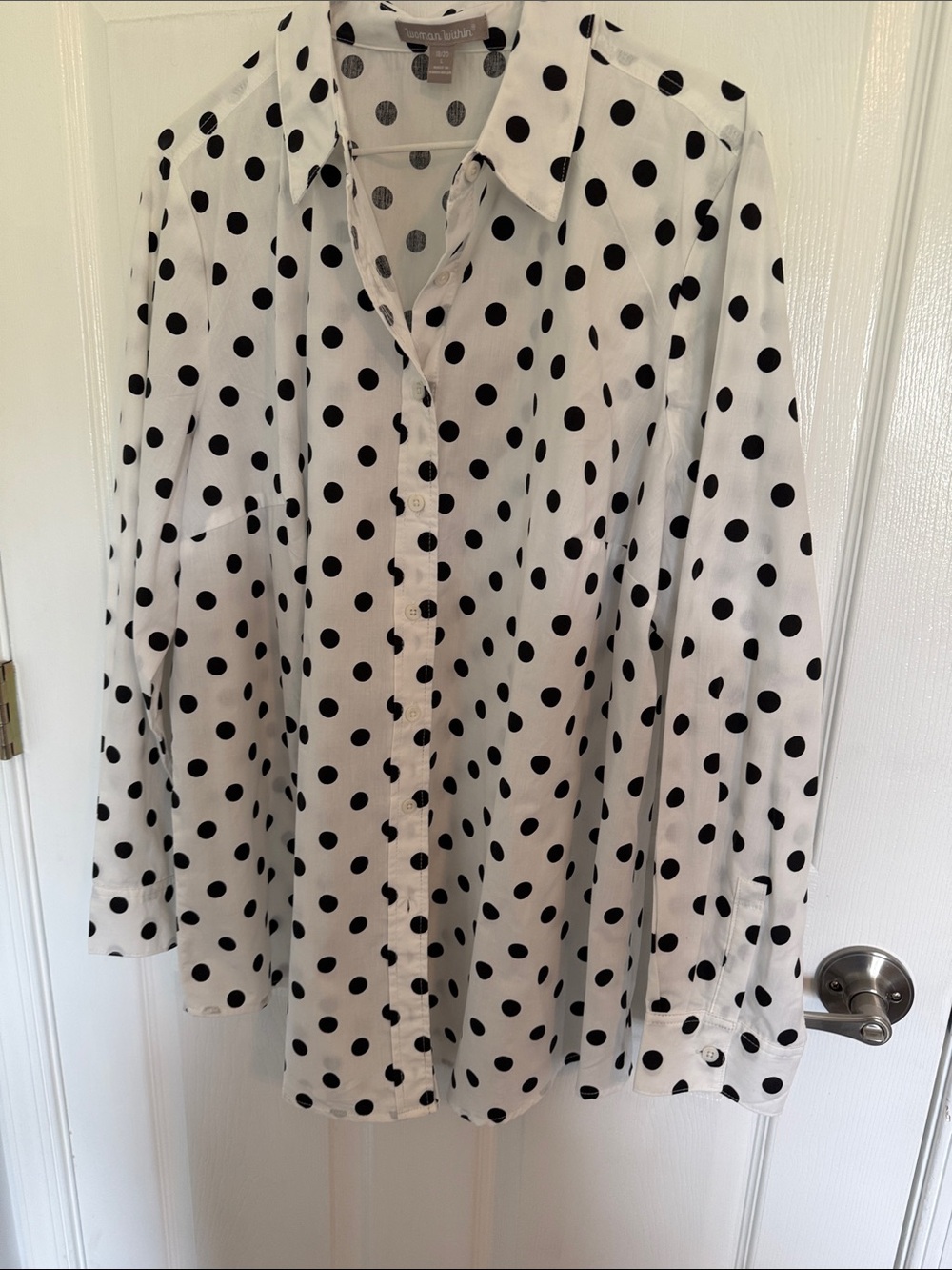 Woman Within  White Button-Down Shirt with Black Polka Dots